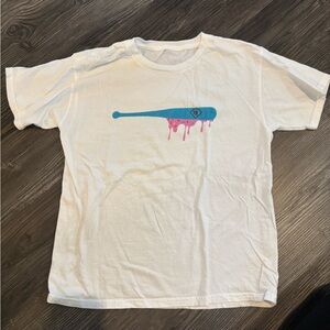 White T-Shirt with Blue and Pink Graphic Boys Medium